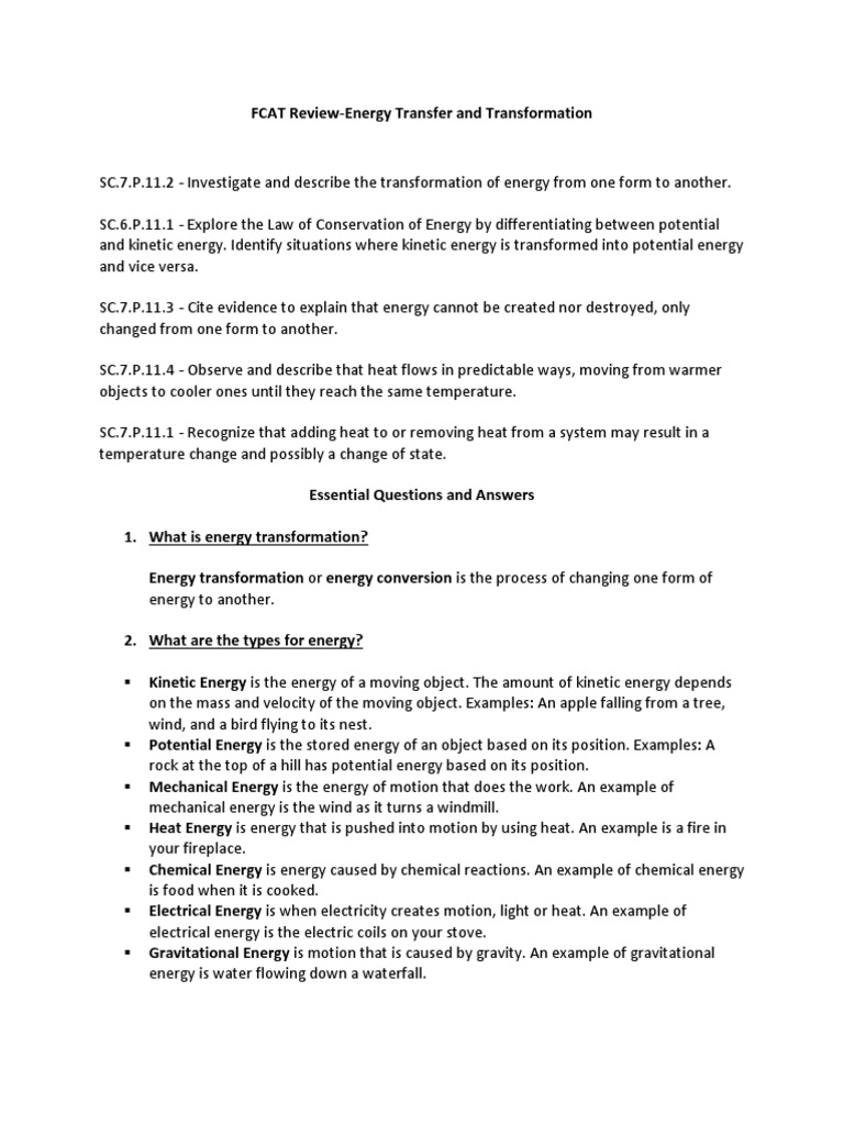 Energy Transfer and Transformation Cheat Sheet PDF Heat Light