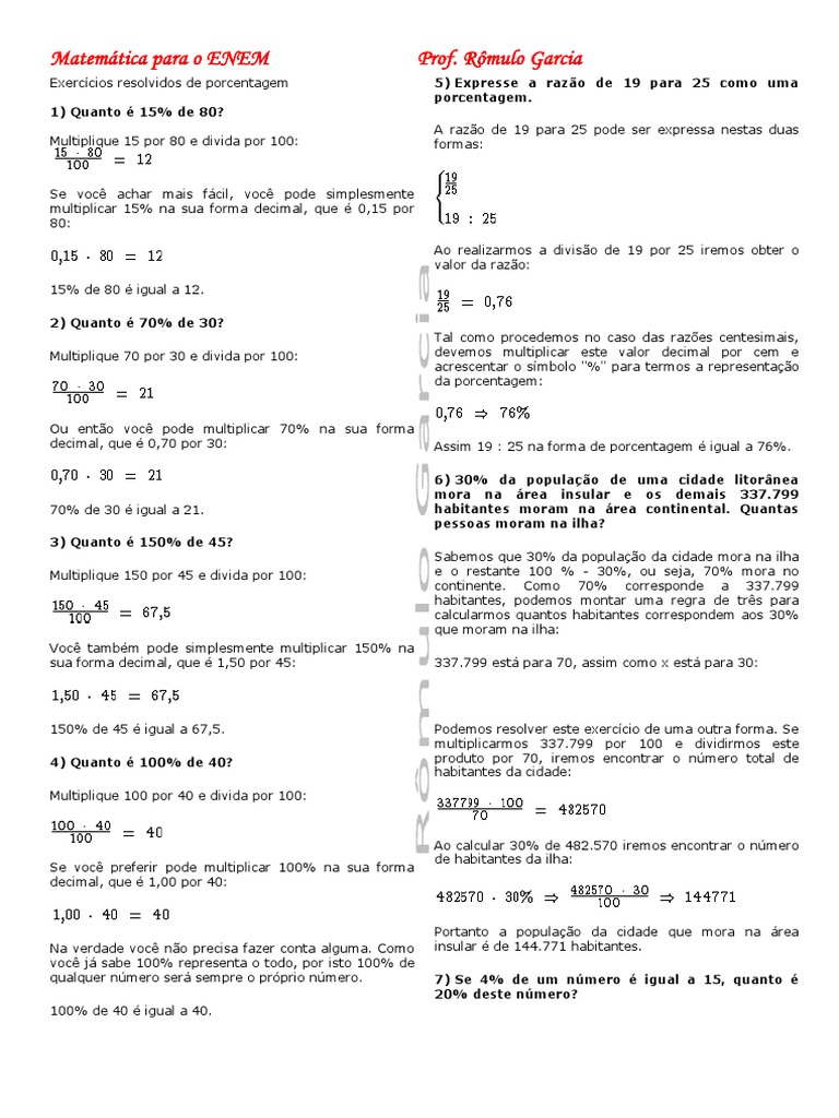 Porcentagem Matematica Exercicios Resolvidos Enem Romulo Garcia | PDF