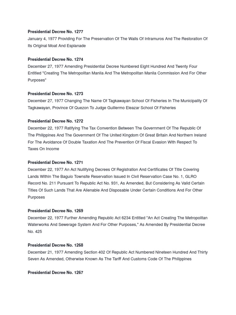 List of Presidential Decrees of 1977 | Decree | Philippines