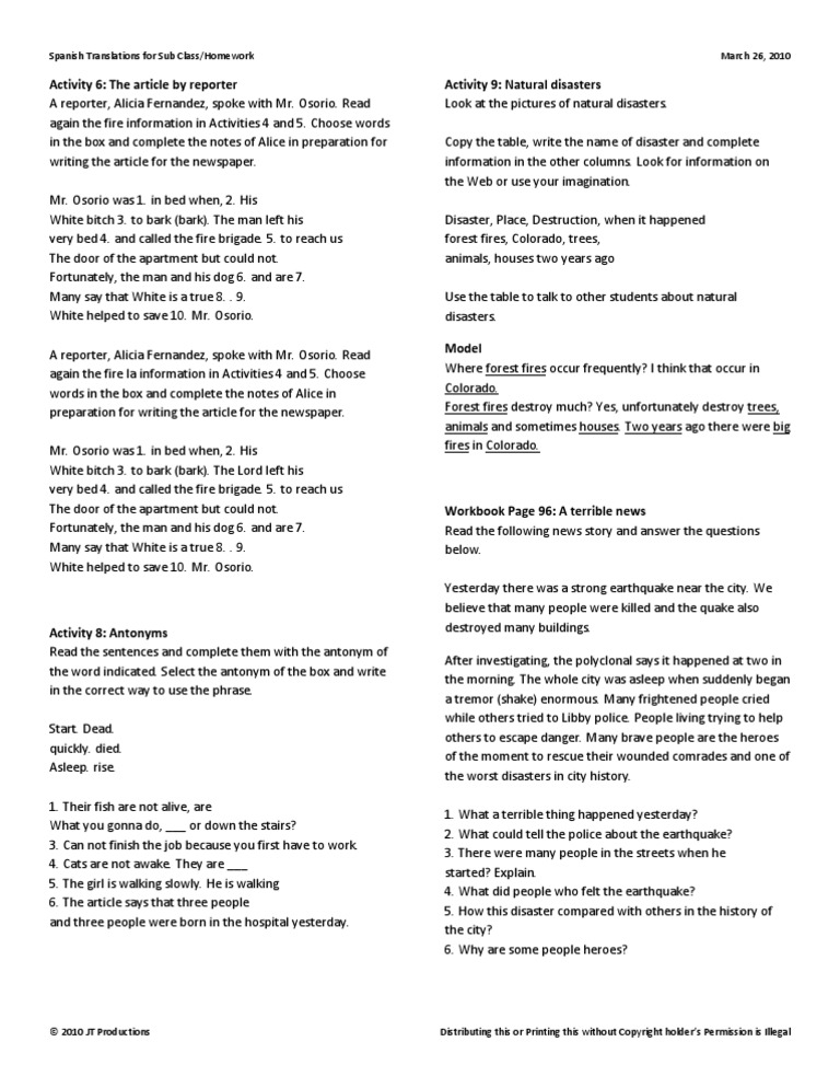 Spanish Trans For Sub Classwork PDF Disaster And Accident Earthquakes