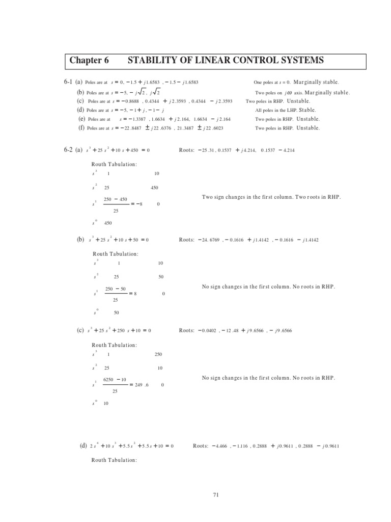 Chapter 6 Stability of Linear Control Systems: 6-1 (A) (B) (C) (D) (E ...