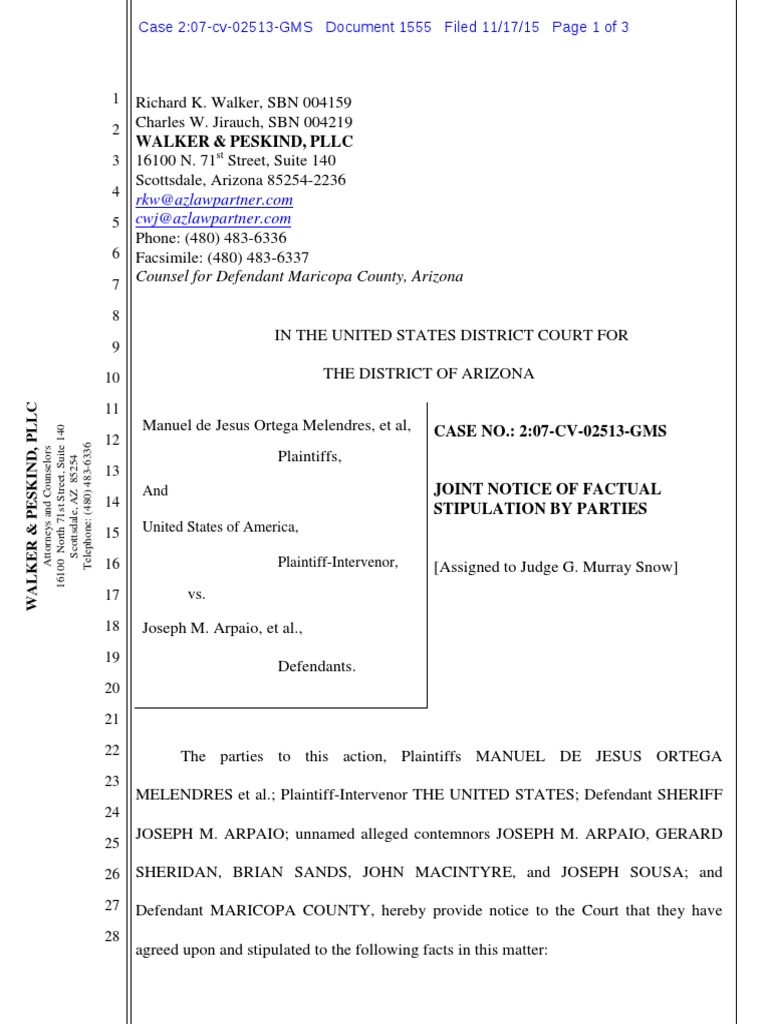 Joint Notice of Factual Stipulation | PDF | Joe Arpaio | Judiciaries