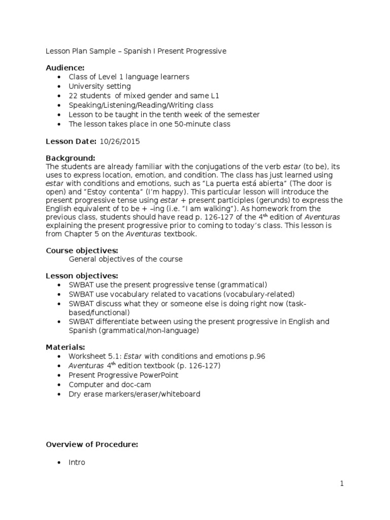 Uncategorized Present Progressive Spanish Worksheet lesson plan sample present progressive spanish i verb style fiction