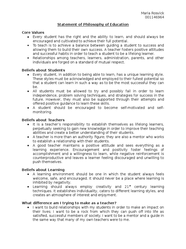 Statement of Beliefs and Values PDF Mentorship Learning