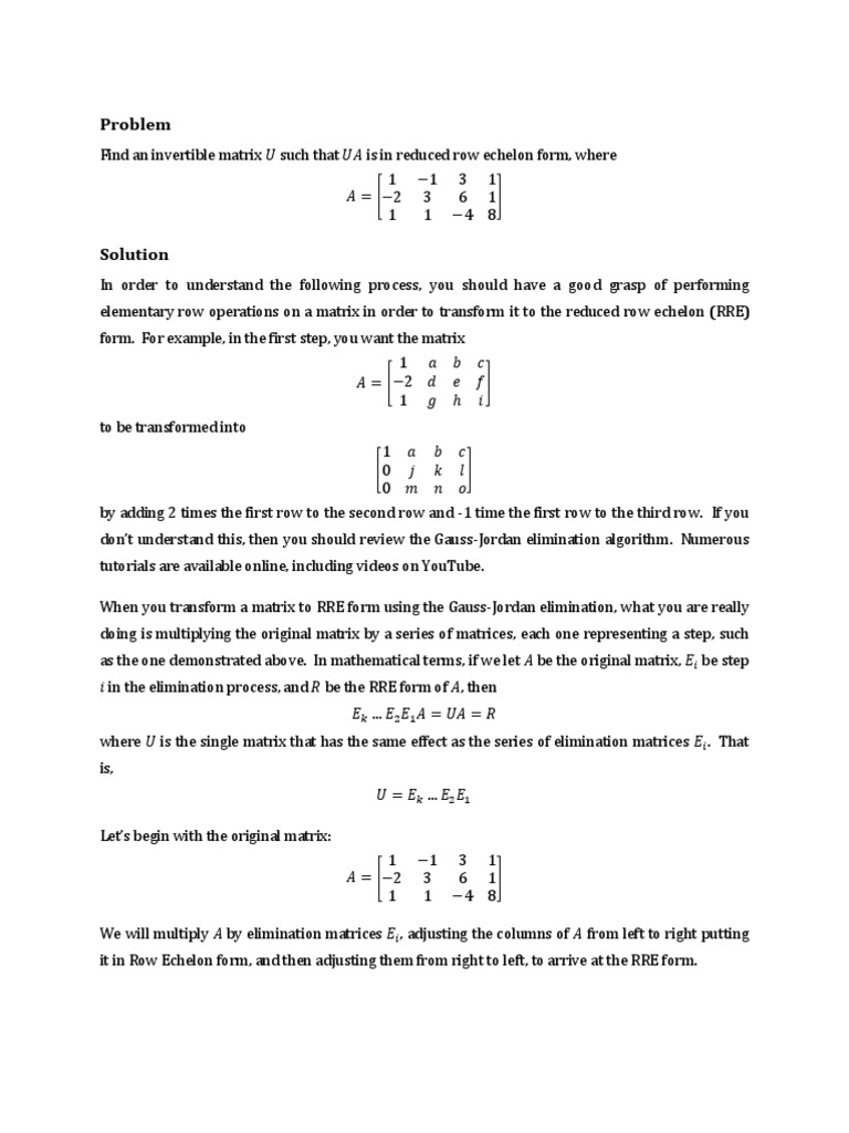 Transforming A Matrix To Reduced Row Echelon Form | PDF | Matrix ...