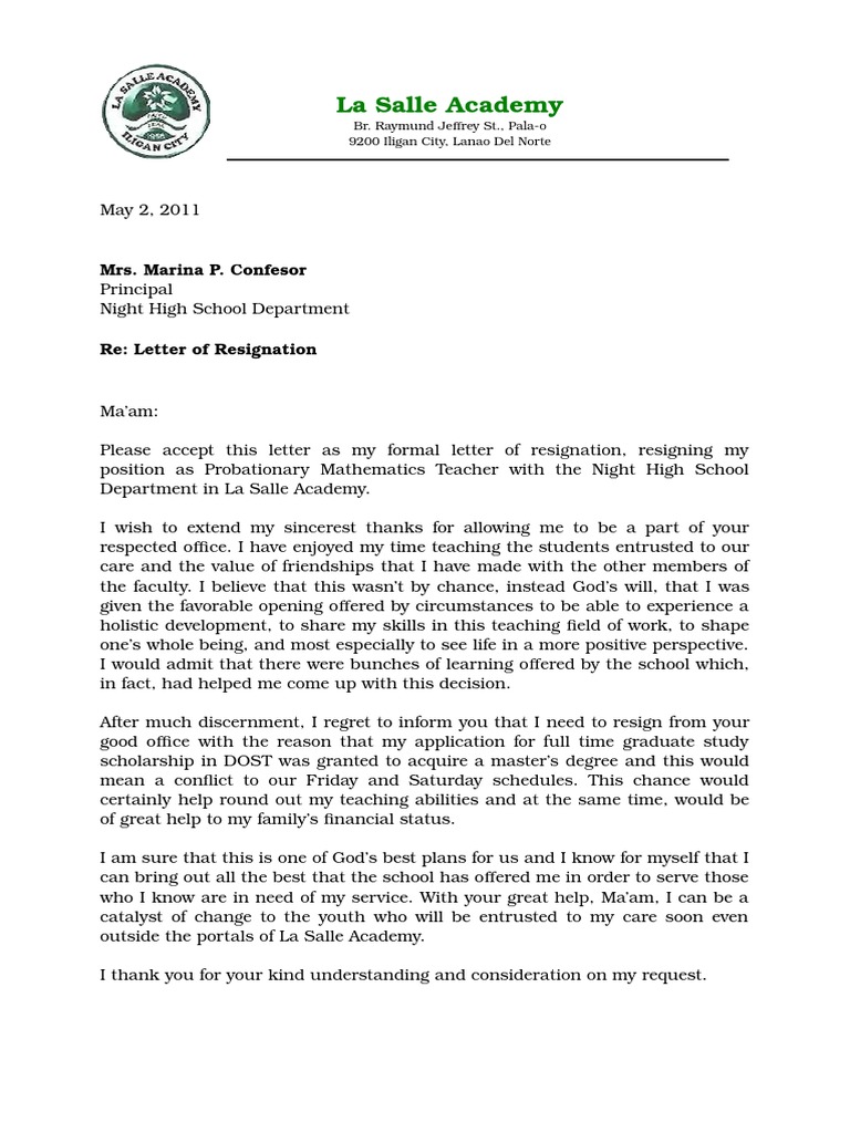 Resignation Letter Pdf