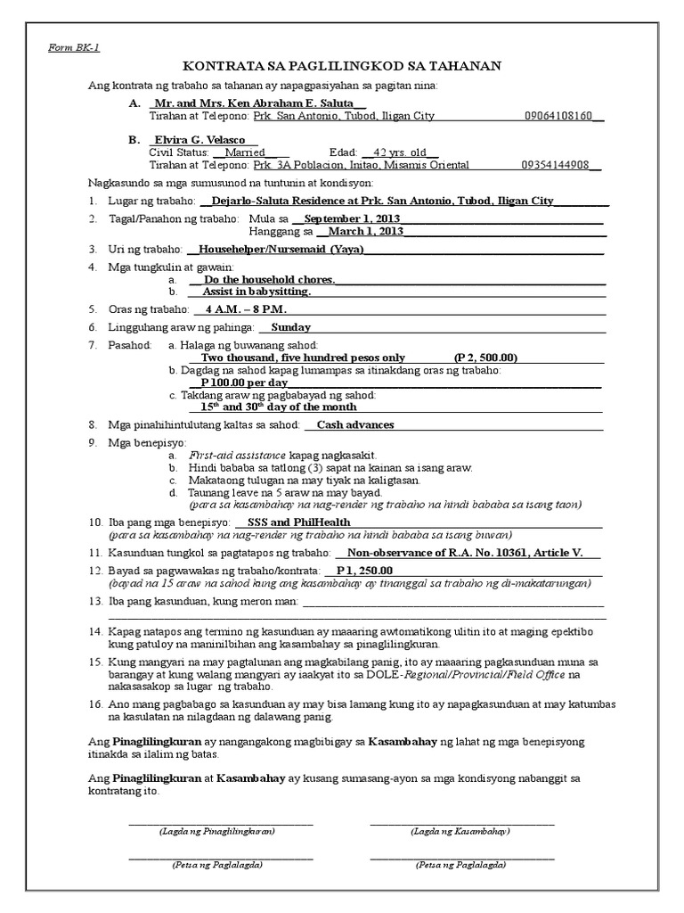 form contract kasambahay Kasambahay Contract form contract kasambahay Kasambahay Contract