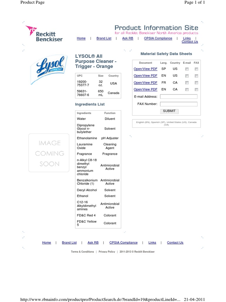 Lysol® All Purpose Cleaner Trigger Orange Material Safety Data