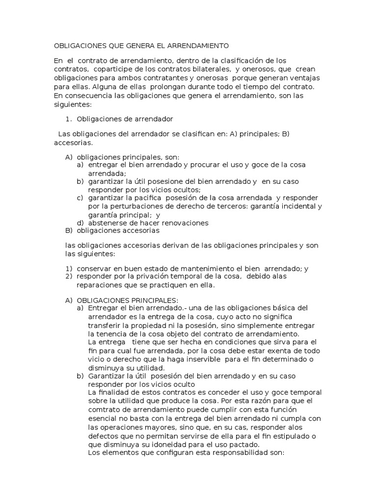 Obligaciones contrato de arrendamiento