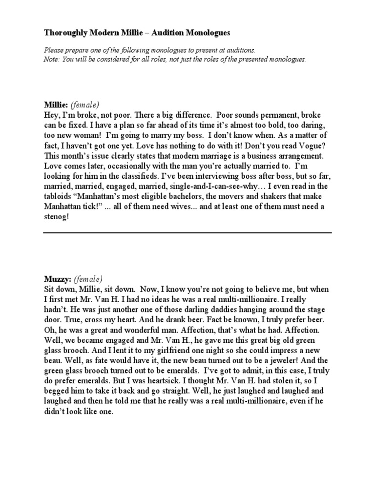Millie Audition Monologues PDF Leisure