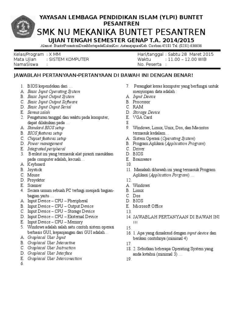 Soal Uts Sistem Komputer Kelas X