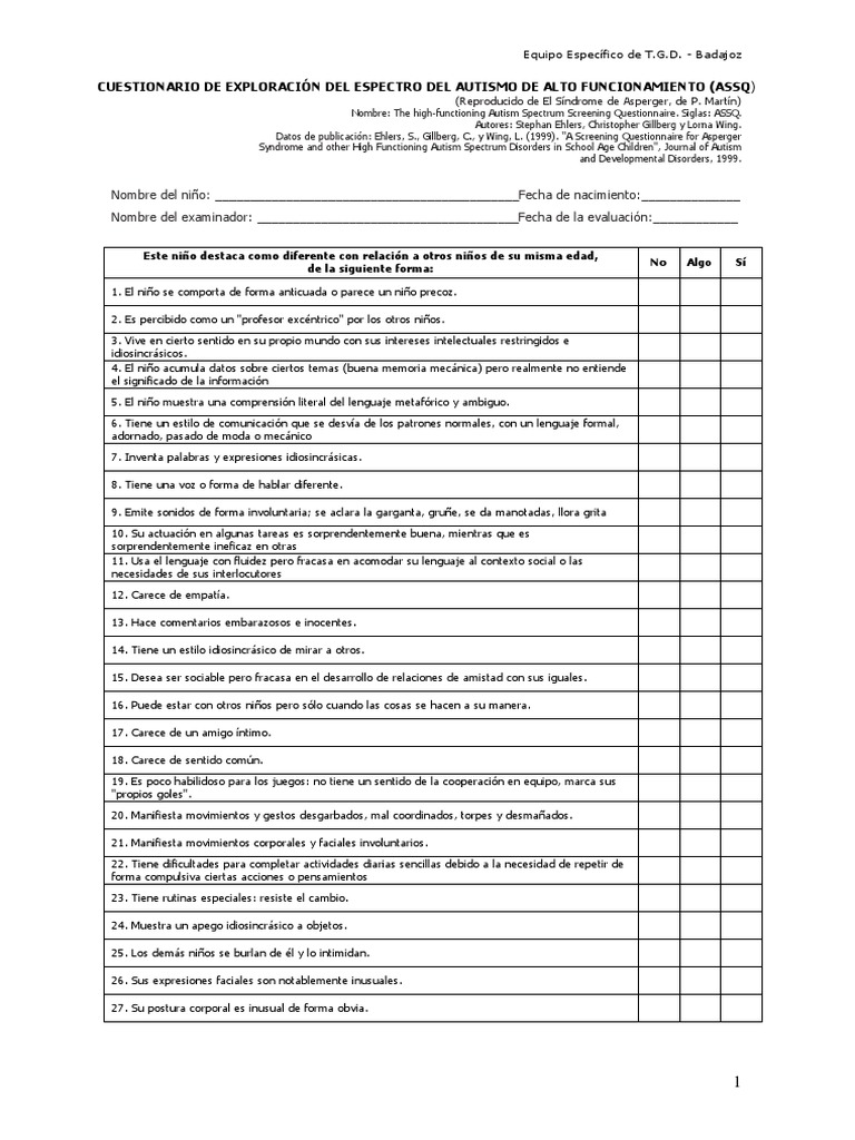 ASSQ Cuestionario de Exploración Del Espectro Del Autismo de Alto ...