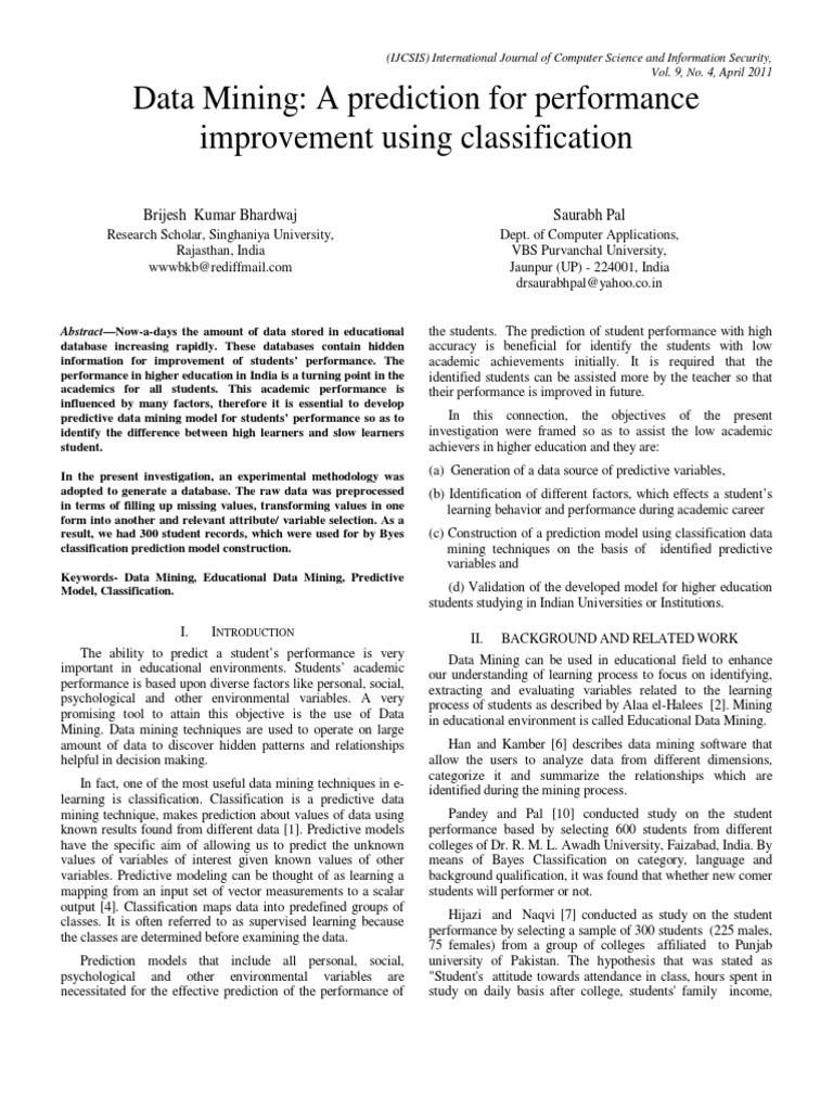 Data Mining: A Prediction For Performance Improvement Using ...