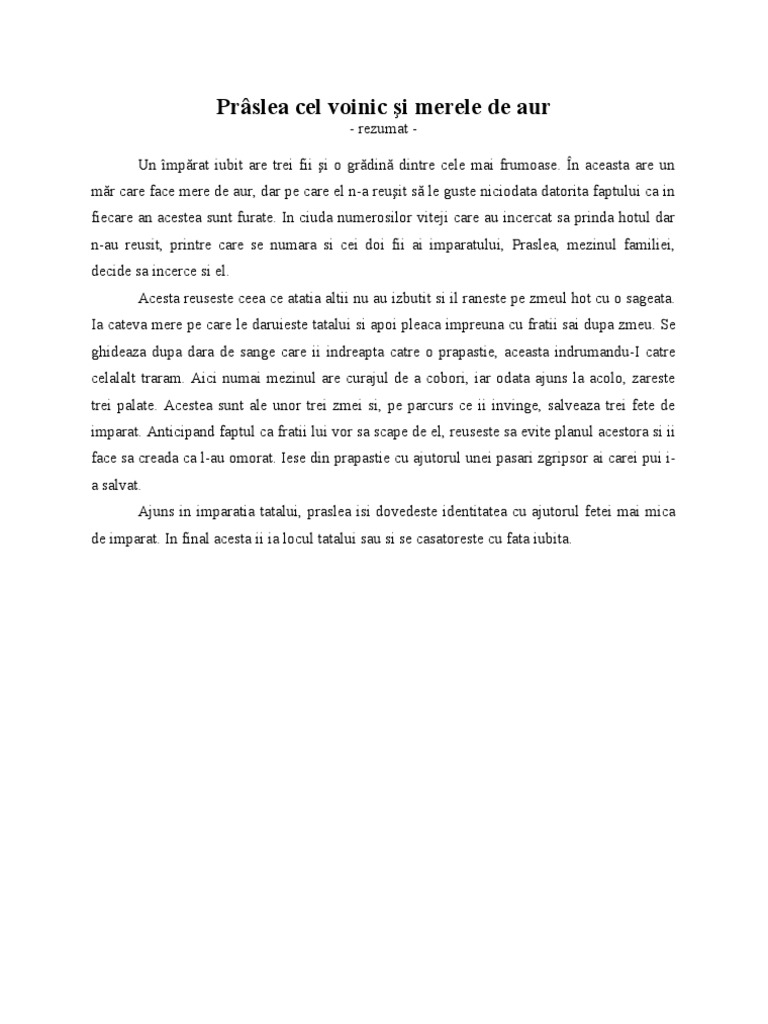 Praslea Cel Voinic Si Merele De Aur Rezumat Pdf