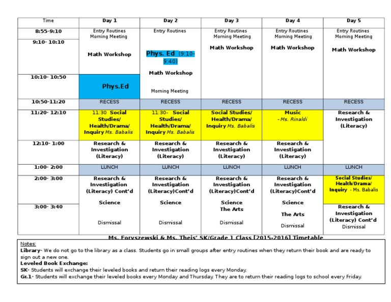 SK/Grade 1 Class Timetable 2015-2016 | PDF | Wellness