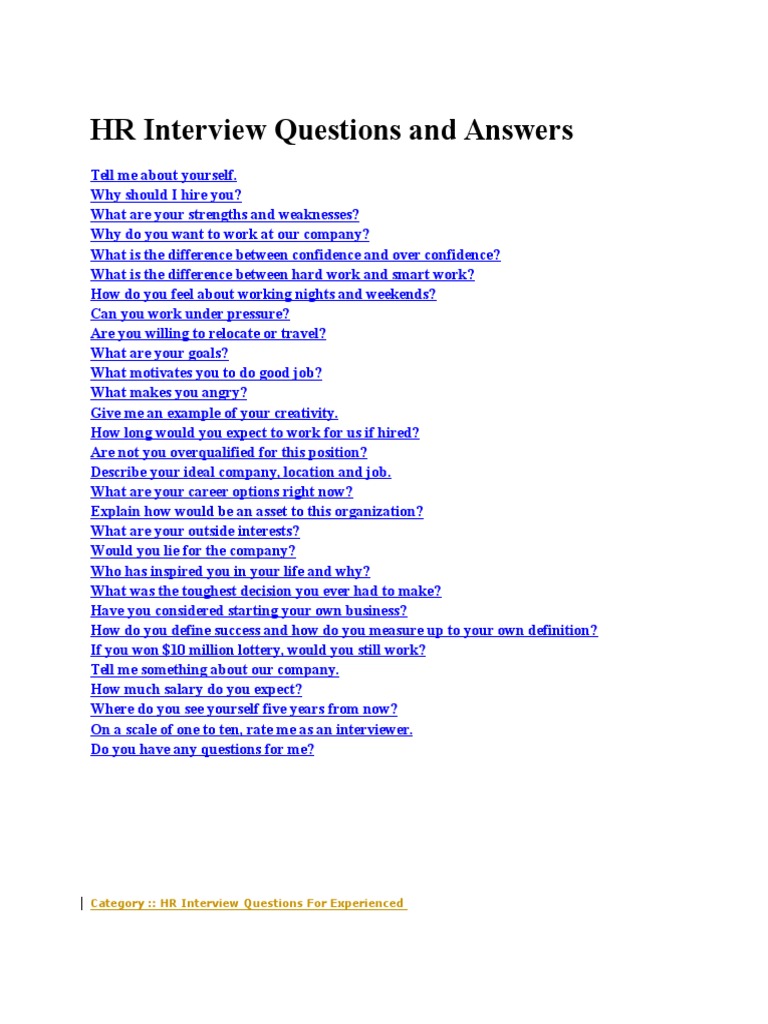HR Interview Questions and Answers PDF Employment Business