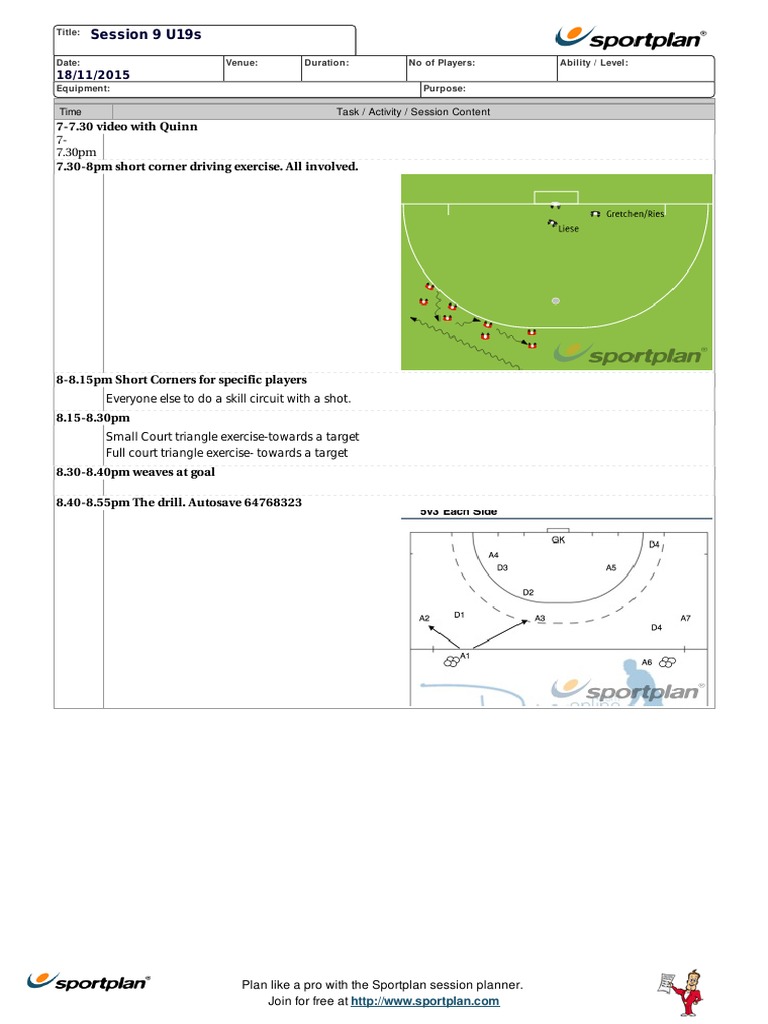 U19s Session Plan: Short Corners & Drills | PDF