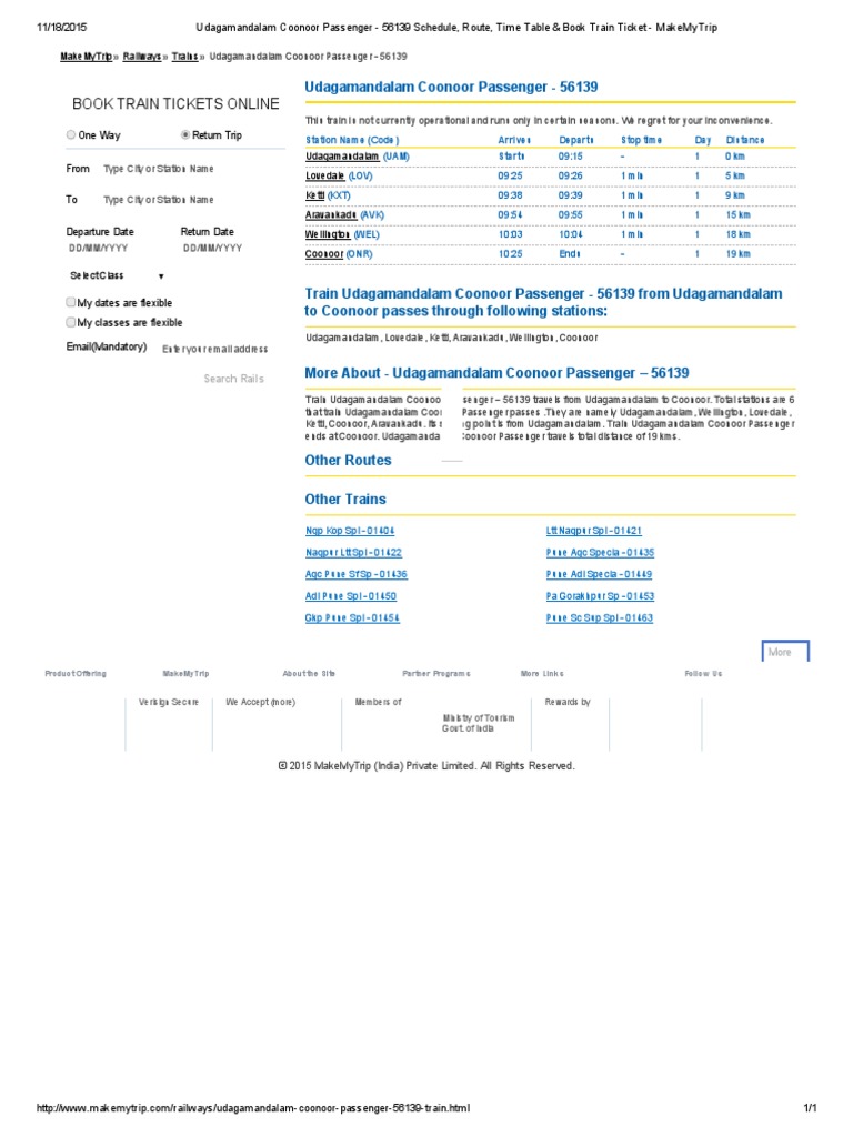Udagamandalam Coonoor Train 56139 Schedule | PDF