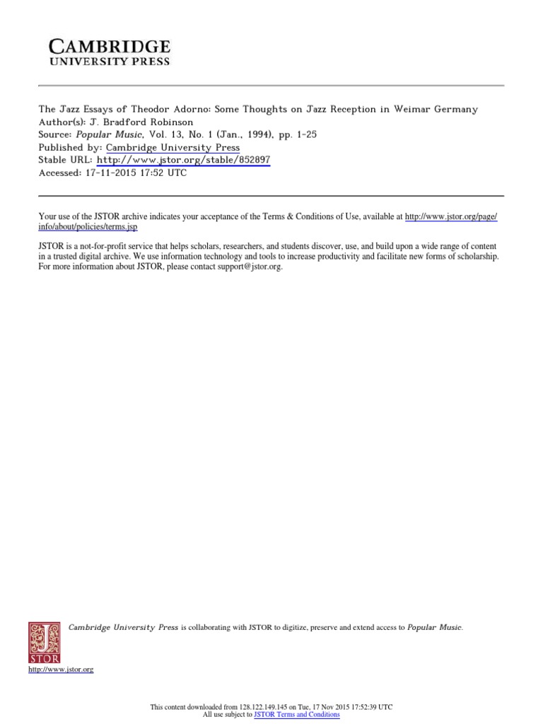 The Jazz Essays of Theodor Adorno Some Thoughts On Jazz Reception in