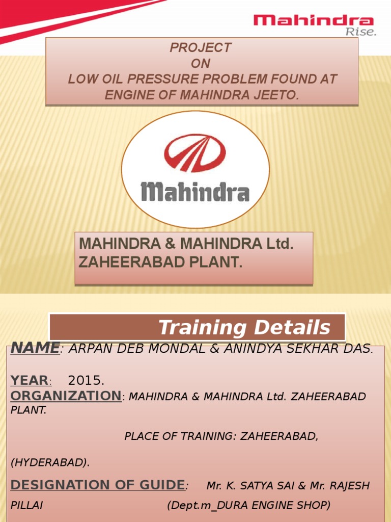 Project ON Low Oil Pressure Problem Found at Engine of Mahindra Jeeto