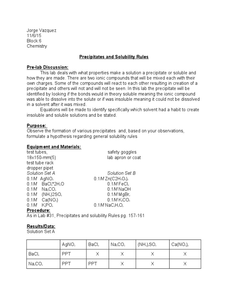 Precipitates and Solubility Rules Pre-Lab Discussion:: Solution Set A ...