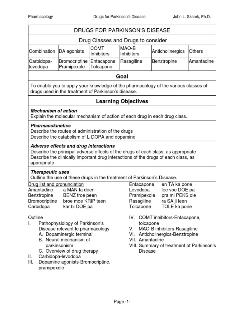 Pharm Parkinsons Handout | PDF | Dopamine | Parkinson's Disease