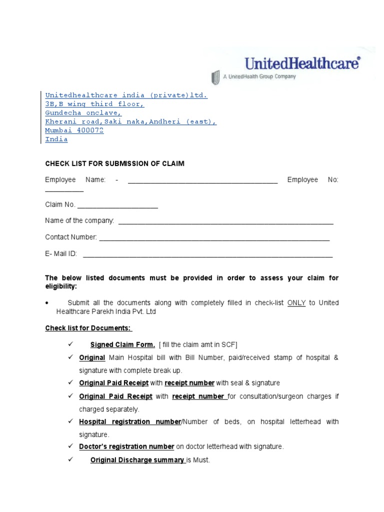 UnitedHealthcare Claim Submission Checklist | PDF | Pharmacy | Surgery