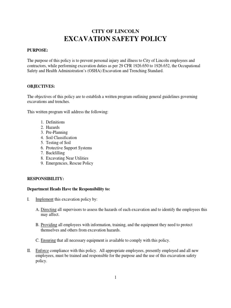 Excavation Safety Policy City of Lincoln PDF Excavation