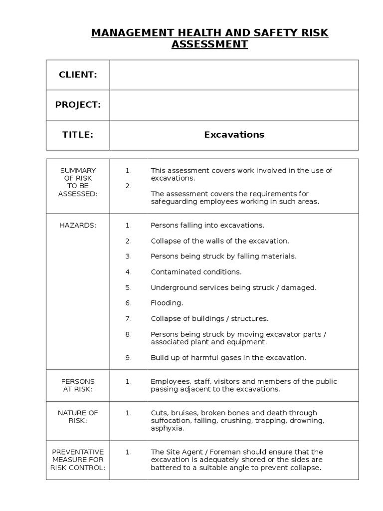 Excavation Safety Risk Assessment Guide | PDF | Excavation (Archaeology ...