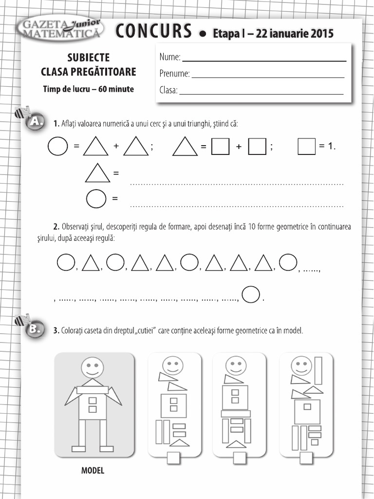 Gazeta Matematica Clasa Pregatitoare Etapa I 22 01 2015
