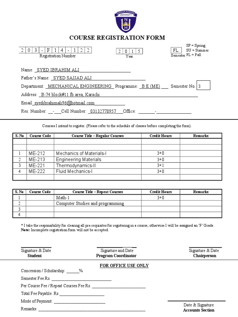 Course Registration Form for B.E. ME | PDF