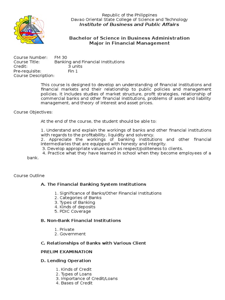 Syllabus On Banking and Financial Institutions PDF Credit (Finance