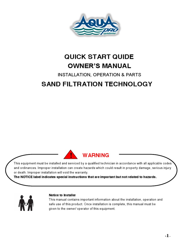 AquaPro Sand Filter System Owners Manual1 Filtration Pump