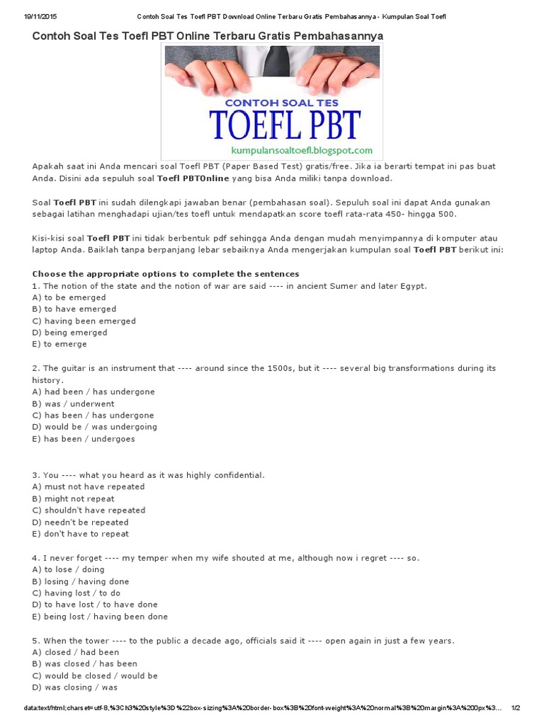 Download Soal Tes Toefl Itp Dan Pembahasan Soal Toefl