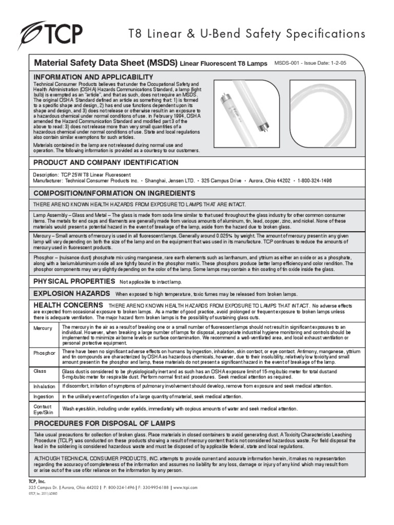 Msds Ing Tubos Fluorescentes PDF Mercury (Element) Fluorescent Lamp