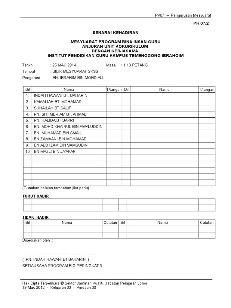 Borang Pk 07 2 Senarai Kehadiran Mesyuarat