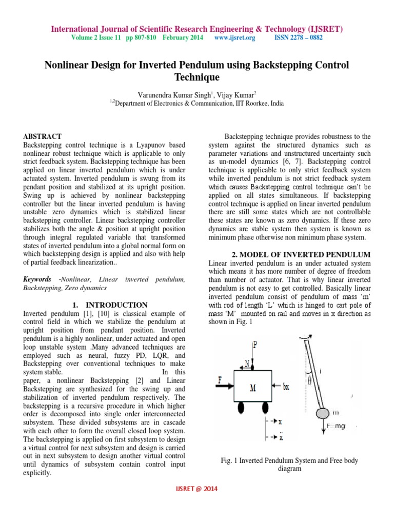 Nonlinear Design For Inverted Pendulum Using Backstepping Control ...