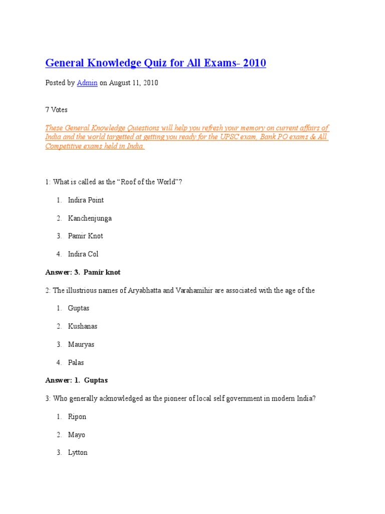 General Knowledge Quiz for Competitive Exams | PDF | Deflation | Nature