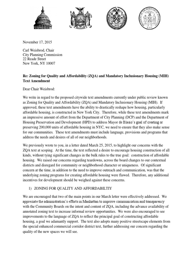 Letter to City Planning Regarding Zoning Text Amendments Zoning