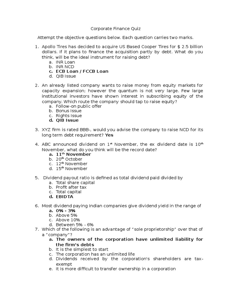 Corporate Finance Quiz Questions | PDF | Cost Of Capital | Dividend
