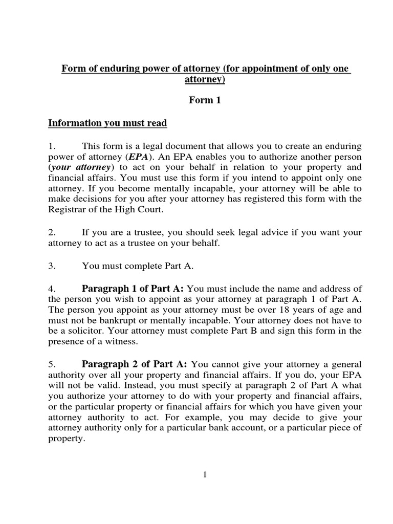 EPA Form 1 (Eng) | Power Of Attorney | Solicitor