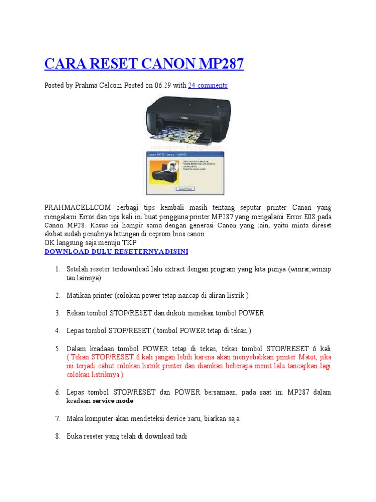 Cara Reset Printer Canon MP287 | PDF