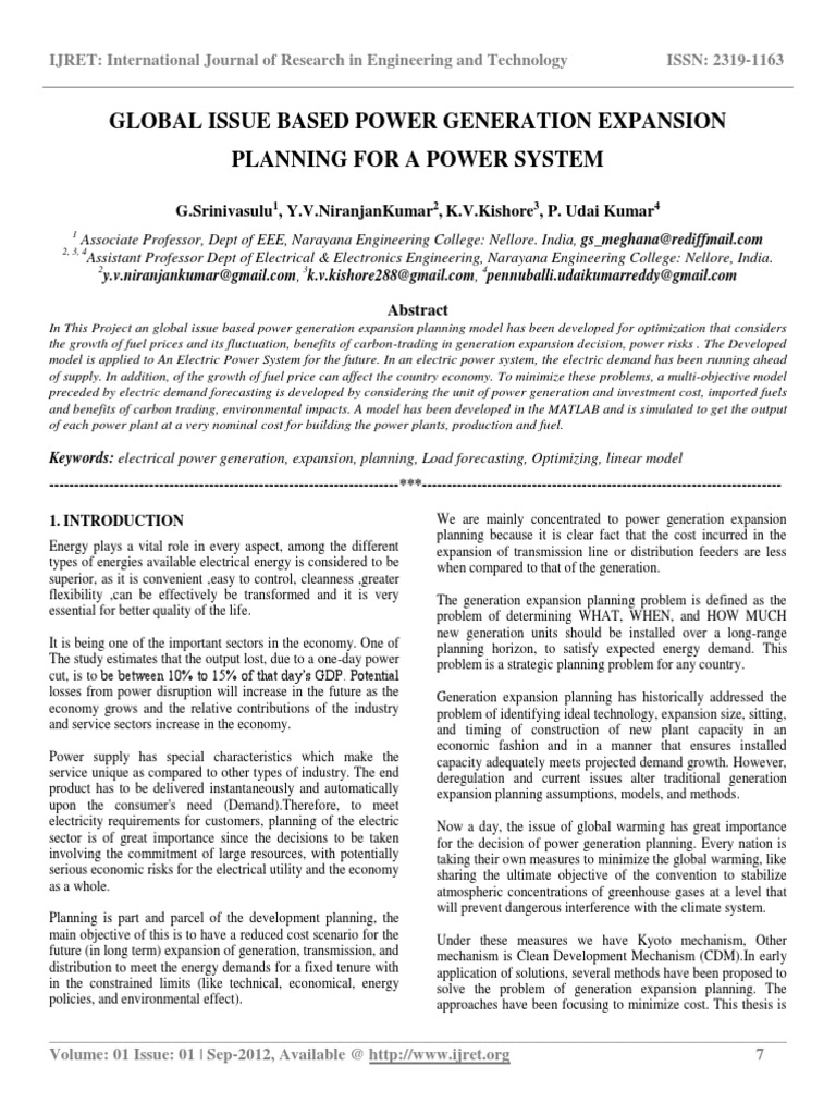 Global Issue Based Power Generation Expansion Planning For A Power ...