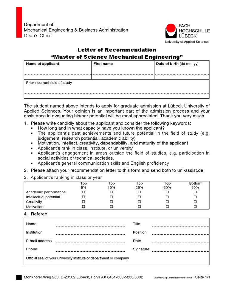 Recommendation for MSc Mechanical Engineering | PDF