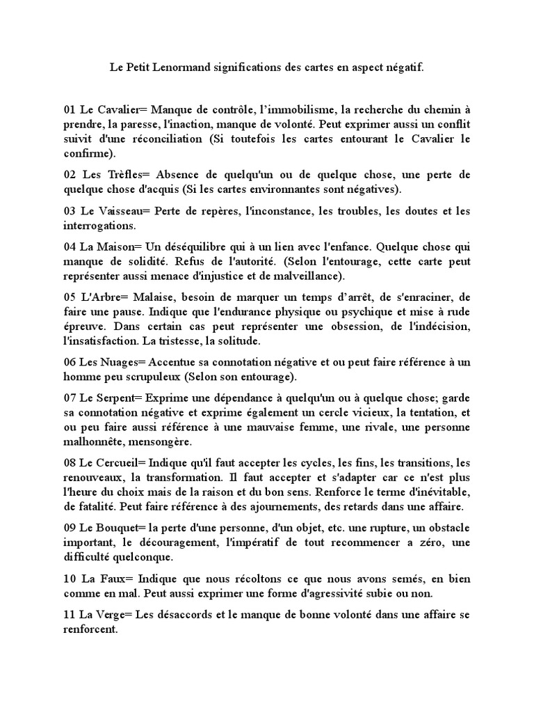 Le Petit Lenormand Signification Des Cartes en Aspect Négatif PDF