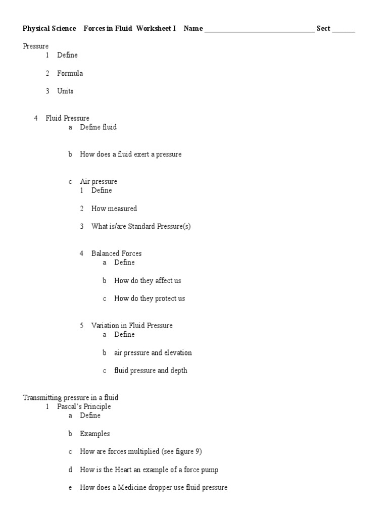 Forces In Fluid Worksheets Buoyancy Pressure