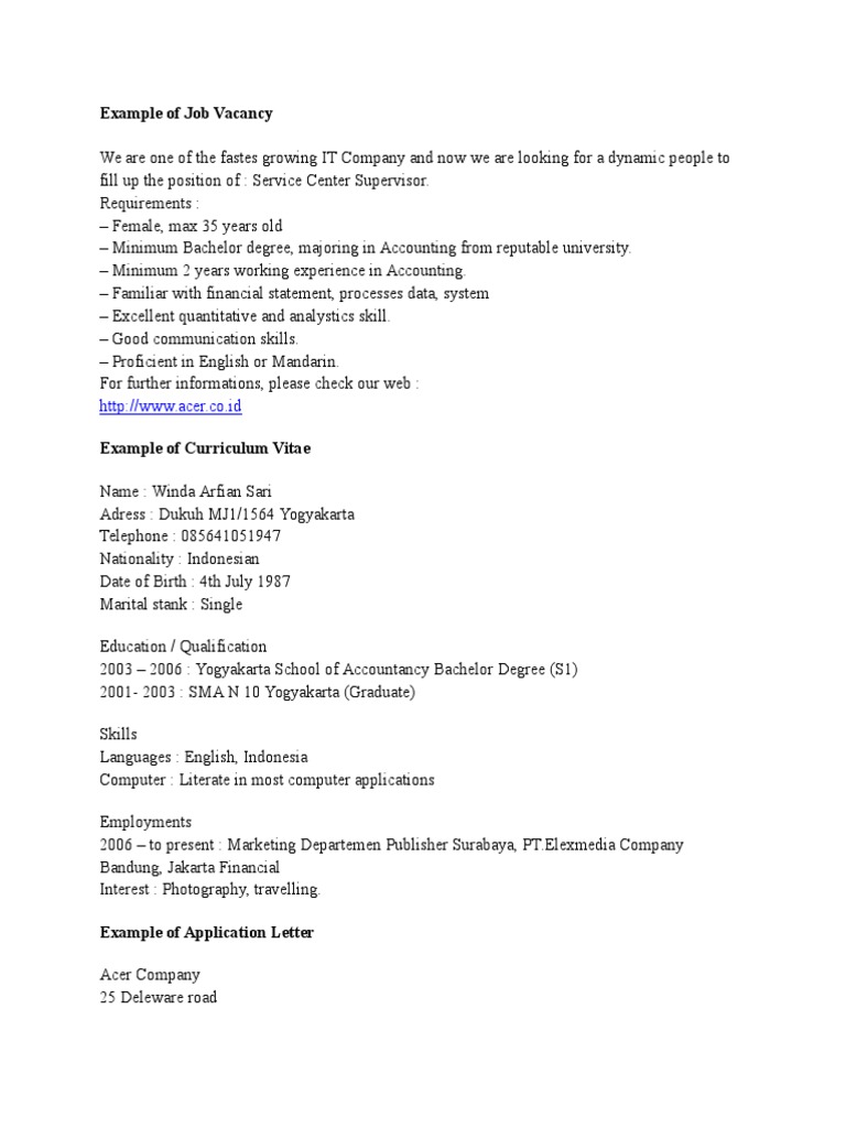 Example Of Job Vacancy Resume Microsoft Office