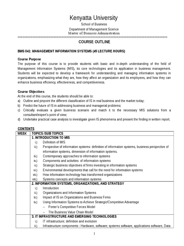 BMS 841 Course Outline Information System Management Information System