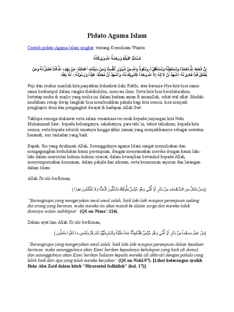 Contoh Pidato Agama Islam Singkat Tentang Kemuliaan Wanita