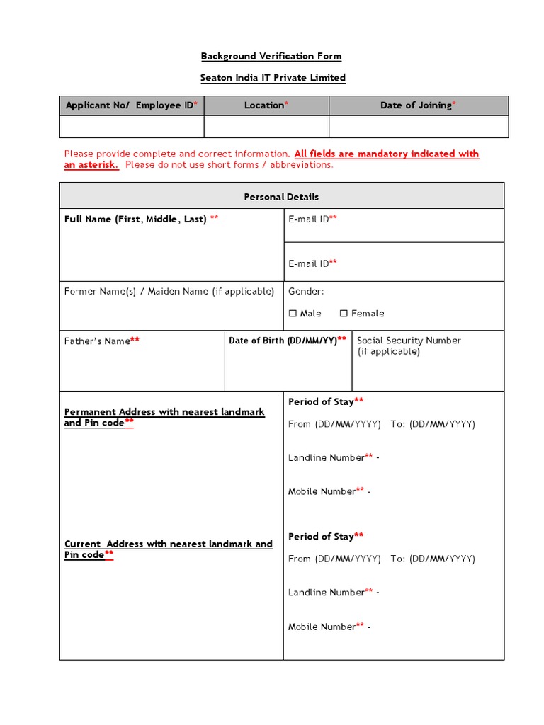 Employee Background Verification Form | PDF | Social Security Number ...